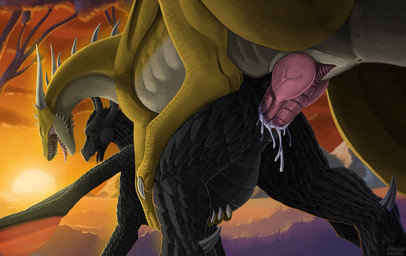 animal_genitalia animal_penis animal_vulva black_body black_scales bodily_fluids cum cum_in_vagina cum_inside duo female female_penetrated feral feral_on_feral feral_penetrated feral_penetrating feral_penetrating_feral genital_fluids genital_slit genitals knot male male/female male_penetrating male_penetrating_female open_mouth orgasm orgasm_face outside penetration penile penile_penetration penis penis_in_vagina scales sex sun tail vaginal vaginal_penetration vulva yellow_body shinigamisquirrel mythology jilocasin dragon mythological_creature mythological_scalie scalie