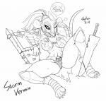 2018 anthro armor big_breasts bodily_fluids bracers breasts buckteeth butt claws clothed clothing collar english_text female fur headgear helmet lying mammal melee_weapon monochrome murid murine navel rat rodent sharp_teeth shin_guards signature silvia_(skykain) simple_background skaven skimpy skykain solo spiked_collar spikes spread_legs spreading sweat sword teeth text unconvincing_armor warhammer_(franchise) warhammer_fantasy weapon white_background