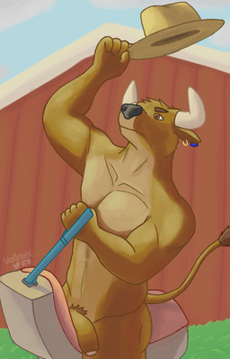 anthro barn brown_eyes clothing cowboy cowboy_hat ear_piercing ear_ring flaccid foreskin genitals grass hat headgear headwear holding_clothing holding_hat holding_headgear holding_headwear holding_object horn male muscular muscular_male nude outside penis piercing plant pubes ring_piercing simple_background solo straddling volktex bovid bovine cattle mammal hi_res