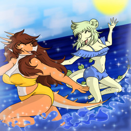 anthro bikini blue_sky breasts brown_hair cleavage clothed clothing curvy_figure detailed_background duo eyelashes eyes_closed female fingers green_body green_hair green_scales hair horn long_hair long_tail multicolored_body multicolored_scales navel open_mouth orange_body orange_scales outside scales sea sky small_waist smile spikes spikes_(anatomy) sun swimwear tail tan_body tan_scales thick_thighs tongue topwear tube_top two-piece_swimsuit two_tone_body two_tone_scales voluptuous water wide_hips dakarosnagtria cavemanon_studios goodbye_volcano_high ko_op_(game_developer) snoot_game rosa_(gvh) stella_(gvh_beta) aquilops ceratopsian dinosaur marginocephalian ornithischian prehistoric_species reptile scalie stegosaurian stegosaurus thyreophoran 1:1 2023 digital_drawing_(artwork) digital_media_(artwork) hi_res