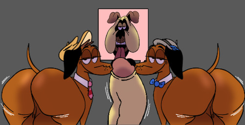 anthro balls big_balls big_butt butt clothing erection feral genitals group hat headgear headwear male necktie shaking_butt trio megabox big_tony_(the_casagrandes) lalo_(the_casagrandes) little_sal_(the_casagrandes) canid canine canis dachshund domestic_dog hunting_dog mammal hi_res