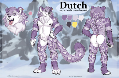 anthro arm_tuft black_insides black_mouth black_nipples black_pawpads ear_piercing elbow_tuft fluffy fur male markings mouth_shot neck_tuft nipples open_mouth pawpads piercing pink_body pink_fur purple_body purple_fur purple_markings purple_veins solo tongue tongue_out tuft white_body white_fur sennpaw dutch_(dutchleopard) felid mammal pantherine snow_leopard absurd_res hi_res model_sheet