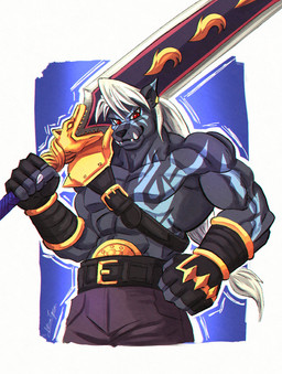 anthro armor biceps black_body black_fur fur greatsword hair male melee_weapon muscular muscular_anthro muscular_male pecs solo sword unconvincing_armor weapon white_hair rina_tigressa bandai_namco digimon digimon_beatbreak digimon_(species) felid mammal murasamemon pantherine hi_res