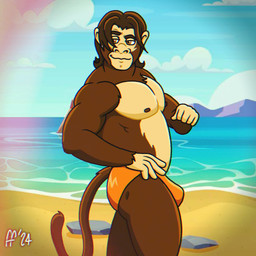 anthro beach brown_body brown_eyes brown_fur brown_hair brown_nipples bulge closed_smile clothed clothing cloud day eyebrows fur hair male mouth_closed nipples orange_clothing orange_speedo orange_swimwear outside pecs pose rock sand sea sky smile solo speedo speedo_only swimwear tail topless topless_anthro topless_male water fabfelipe haplorhine mammal monkey primate 1:1 2024 chromatic_aberration digital_drawing_(artwork) digital_media_(artwork) hi_res pinup