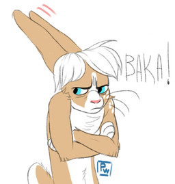 anthro baka blue_eyes crossed_arms dialogue fluffy frown fur grumpy hair long_ears looking_away male paws pouting simple_background solo standing text tsundere whiskers white_background white_body white_fur white_hair poisewritik lagomorph leporid mammal rabbit digital_media_(artwork) english_text hi_res reaction_image signature