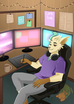 anthro bedroom chair computer container cup drawing_tablet electronics furniture male moonpiee mug solo nintendo pokemon fan_character eeveelution generation_4_pokemon leafeon pokemon_(species) absurd_res hi_res
