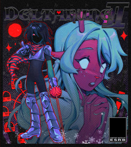 5_fingers anthro antlers armor black_body black_clothing black_hair blue_hair boots breastplate brown_body brown_fur buckteeth clothed clothing duo empty_eyes eyebrows eyelashes female female_anthro fingers footwear freckled_face freckles full_moon fur gesture hair hair_over_eye hand_gesture handwear holding_object holding_weapon horn long_eyelashes long_hair male melee_weapon moon no_pupils one_eye_obstructed open_mouth pointing red_eyes red_moon red_nose scarf shoes snowgrave sparkles sword symbol teeth text tight_clothing weapon white_hair goomyloid deltarune undertale_(series) kris_dreemurr noelle_holiday deer human mammal new_world_deer reindeer 2026 absurd_res english_text hi_res nonbinary_(lore)