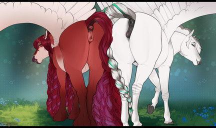 animal_genitalia animal_vulva anus braided_tail butt clitoral_winking clitoris duo equine_anus equine_genitalia equine_teats equine_vulva female feral fur genitals mane outside rear_view red_body red_fur red_mane red_tail standing tail teats vulva white_body white_fur white_mane white_tail wings angellsview3 conditional_dnp mythology equid equine mammal mythological_creature mythological_equine pegasus 2025 absurd_res digital_drawing_(artwork) digital_media_(artwork) hi_res