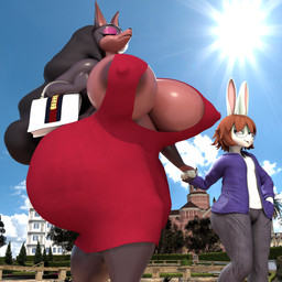 anthro areola areola_slip big_breasts big_butt breasts butt clothing dress duo erect_nipples eyewear female femboy feminine glasses hand_holding larger_female male male/female nipple_outline nipples purse red_clothing red_dress size_difference smug_face thick_thighs adri164 gabby_summers_(oc) laverne_(sssonic2) lagomorph leporid mammal rabbit 1:1 absurd_res hi_res