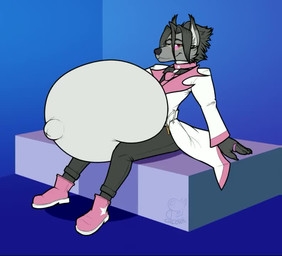 anthro belly big_belly burping clothing collar footwear huge_belly inflation male navel outie_navel pink_clothing pink_collar pink_footwear pink_shoes shoes smile smiling_at_viewer solo calorie eggo21_(character) canid canine canis mammal wolf animated short_playtime sound video