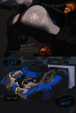 anthro balls big_butt butt clothed clothing crawling dialogue duo fur genitals male male/male nude penis simple_background solo stuck tail text through_wall yo_zee sly_cooper_(series) sony_corporation sony_interactive_entertainment sucker_punch_productions sly_cooper canid canine canis dobermann domestic_dog mammal pinscher procyonid raccoon absurd_res comic digital_media_(artwork) english_text hi_res