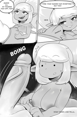 areola big_breasts biped bite biting_lip biting_own_lip breasts bulge clothing dialogue eyebrows eyelashes female genitals hair male male/female not_furry nude penis pupils self_bite smile speech_bubble text thick_thighs underwear nebssik league_of_legends riot_games tencent poppy_(lol) human humanoid mammal yordle absurd_res comic english_text greyscale hi_res monochrome