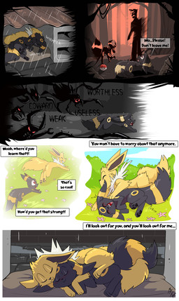 biped bite black_body black_nose closed_smile cuddling day dialogue dream duo ear_bite eyes_closed feral floppy_ears fluffy fluffy_tail forest grin group looking_at_another looking_back looking_back_at_another lying lying_on_ground male mouth_closed neck_tuft nightmare on_ground on_side open_mouth outside plant playing pokeball quadruped raining running sharp_teeth sleeping smile speech_bubble tail teeth text text_box tongue tree tuft yellow_body fuf nintendo pokemon dakota_(trepidfox) kricket_(trepidfox) eeveelution generation_1_pokemon generation_2_pokemon human jolteon mammal pokemon_(species) umbreon 2025 absurd_res comic english_text hi_res multiple_scenes