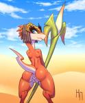 anthro anus armor blue_eyes butt desert eyelashes female genitals headgear helmet looking_back melee_weapon nude polearm presenting presenting_hindquarters puffy_anus pussy raised_tail rear_view seductive smile solo spear standing tail thick_thighs weapon hotneon ever_oasis nintendo miura drauk lizard reptile scalie hi_res