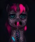 band-aid bandage blood blue_eyes bodily_fluids female hair horn long_hair nightmare_fuel open_mouth pink_hair short_hair solo wounded crookedtrees yukaman friendship_is_magic hasbro my_little_pony mythology ruby_pinch_(mlp) equid equine mammal mythological_creature mythological_equine unicorn unavailable_at_source