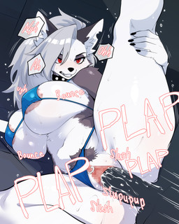 anthro areola areola_slip bikini biped breasts clothed clothing female female_penetrated genitals male male/female male_penetrating penetration penile penile_penetration pubes pupils raised_leg red_eyes sex swimwear two-piece_swimsuit vaginal vaginal_penetration vulva white_body gayoku_midara hellaverse helluva_boss mythology loona_(helluva_boss) canid canid_demon canine demon hellhound mammal mythological_canine mythological_creature hi_res