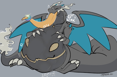abdominal_bulge almost_fully_inside belly belly_grab belly_mouth big_belly black_body bodily_noises body_outline different_sound_effects digestion digestion_noises duo head_first huge_belly male male_pred onomatopoeia open_mouth oral_vore partially_inside rumbling_stomach simple_background sound_effects swallowing swallowing_sound_effect tail text vore wings makar-ro nintendo pokemon pokemon_legends_z-a brady_(sleepy_brady) charizard dusknoir generation_1_pokemon generation_4_pokemon generation_9_pokemon hybrid mega_dragonite mega_evolution pokemon_(species) digital_media_(artwork) hi_res