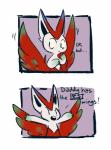 alternate_color big_wings butt_wings dialogue gloves_(marking) looking_aside markings open_mouth solo text unusual_wing_placement wings anamatronicfish nintendo pokemon bernice_(anamatronicfish) fan_character generation_5_pokemon legendary_pokemon pokemon_(species) victini 2017 digital_drawing_(artwork) digital_media_(artwork) english_text hi_res