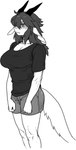 anthro big_breasts bodily_fluids bottomwear breasts clothing collar collarbone ears_down female hair horn pivoted_ears sad shirt shorts solo tears topwear pgm300 mythology chabett dragon mythological_creature mythological_scalie scalie 2024 hi_res monochrome