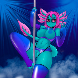 anthro cleavage_cutout clothing cutout dancing eyewear female gloves hair handwear latex legwear lex_hanley pink_hair pole pole_dancing solo stirrup_legwear stirrup_stockings stockings stripper sunglasses sakhtyphlosion amphibian aquatic axolotl mole_salamander salamander scalie 1:1 digital_drawing_(artwork) digital_media_(artwork) hi_res