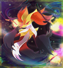 abstract_background ambiguous_gender anthro black_body black_fur fire fur glowing glowing_eyes inner_ear_fluff looking_at_viewer multicolored_body orange_body orange_fur red_eyes solo stick tuft white_body white_fur yellow_body yellow_fur mrh2o2 nintendo pokemon pokemon_legends_z-a canid canine generation_9_pokemon mammal mega_delphox mega_evolution pokemon_(species) 2025 dated hi_res signature