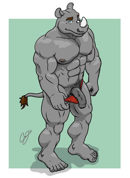 abs anthro areola balls biceps blue_eyes body_hair brown_hair clothed clothing clothing_pull eyebrows facial_hair feet foreskin genitals grey_body grey_skin hair horn looking_at_viewer male muscular muscular_anthro muscular_male nipples partially_clothed pecs penis pink_nipples presenting pubes shadow simple_background simple_lighting solo swimwear tail tail_tuft tuft underwear underwear_down chestnuts_(artist) donovan_(chestnuts) mammal rhinoceros 2025 signature