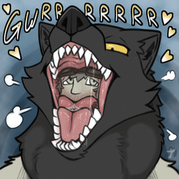 almost_fully_inside black_body black_fur bodily_fluids dripping duo eyewear fangs floating_heart fluffy fur goggles growling head_in_mouth heart_symbol human_prey hunter mouth_shot neck_bulge open_mouth oral_vore saliva saliva_drip saliva_on_face saliva_on_tongue steamy_breath swallowing teeth tongue unwilling_prey vore wide_mouth arkailart capcom monster_hunter fanged_wyvern human mammal wulg 1:1 absurd_res hi_res