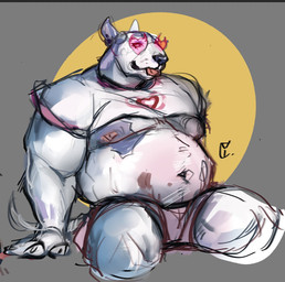 anthro belly blep bottomwear clothing crop_top ear_piercing eyewear fur glasses hotpants male male_anthro moobs nipples overweight overweight_anthro overweight_male piercing shirt shorts sitting solo tongue tongue_out topwear wearing_glasses white_body white_fur wormonacytring bull_terrier canid canine canis domestic_dog hunting_dog mammal terrier 2023 hi_res sketch