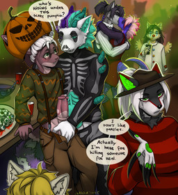 animal_genitalia animal_penis anthro ball_grab balls big_penis blonde_hair blue_hair blush bodily_fluids bottomwear bottomwear_down brown_body brown_fur brown_hair clothed clothing clown_makeup container costume cup equine_genitalia equine_penis eyeball eyebrow_piercing eyewear facial_piercing female fishnet_clothing fishnet_legwear food for_a_head french_kissing frenum_piercing fruit fur genital_fluids genital_piercing genitals glasses green_eyes grey_body grey_fur group hair heterochromia holidays horn kissing knot knotted_penis legwear male male/female male/male medial_ring multicolored_hair pants pants_down partially_clothed party penis penis_piercing piercing pink_hair plant precum public public_erection public_exposure pumpkin pumpkin_head punch_(drink) punch_bowl purple_body purple_eyes purple_hair purple_scales scales shirt skeleton_bodypaint skeleton_costume speech_bubble teasing text topwear touching_penis unimpressed white_body white_fur white_hair wings yellow_body yellow_fur clrfoolished halloween mythology canid canine canis dragon fox furred_dragon furred_scalie lagomorph leporid mammal mythological_creature mythological_scalie object_head rabbit scalie wolf absurd_res hi_res maleherm_(lore)