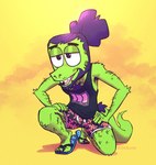 anthro armpit_hair beard body_hair bottomwear chest_hair clothing facial_hair footwear green_body hair male sandals shirt shoes shorts solo tank_top topwear stellizard stel_(stellizard) lizard reptile scalie hi_res