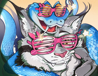 anthro blue_body blue_scales claws duo eyewear feral fur glasses grey_body grey_fur male paws scales shutter_shades smile myung557074 disney zootopia gary_de'snake pawbert_lynxley canada_lynx felid feline lynx mammal pit_viper reptile scalie snake viper hi_res
