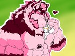 abs anthro barazoku belly biceps big_muscles duo extreme_size_difference fluffy fluffy_tail fur gentle_giant hair heart_symbol huge_muscles hyper hyper_muscles kissing larger_male larger_pet macro_focus male morbidly_obese muscular nipples obese obese_anthro obese_male overweight overweight_anthro overweight_male pecs pink_body pink_nose simple_background size_difference smaller_male smothering tail text white_body fujiyama_samoyed fujiyama_kenhaku yanbara_(fujiyamasamoyed) alaskan_malamute canid canine canis domestic_dog mammal nordic_sled_dog samoyed spitz himbo 4:3 digital_media_(artwork) hi_res