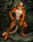 abs absurd_res anthro archer arrow_(weapon) bottomwear bow_(weapon) clothed clothing digital_media_(artwork) felid forest hi_res hunter iskra loincloth male mammal muscular muscular_anthro muscular_male pantherine pecs plant ranged_weapon shaded solo standing tiger topless tree warrior weapon