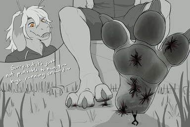 anthro begging_for_mercy blood bodily_fluids crush death dialogue feet foot_crush foot_focus gore grass group male micro pawpads paws plant plantigrade plantigrade_pawpads conditional_dnp senseofscale bolo alien 3:2 absurd_res hi_res huge_filesize