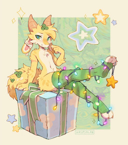 abstract_background ambiguous_anthro ambiguous_gender anthro box claws clothed clothing container feet fur gift gift_box handpaw kemono legwear looking_at_viewer navel ornament partially_clothed paws raised_leg semi-anthro sitting soles solo string_lights thick_thighs thigh_highs waspsalad furred_kobold furred_scalie kobold scalie 2023 digital_media_(artwork) digital_painting_(artwork) hi_res painting_(artwork) pastel_theme