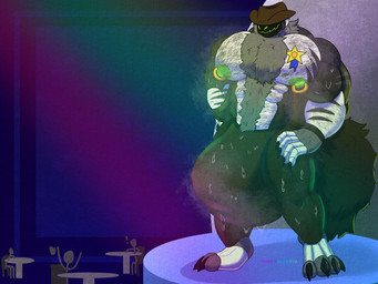 anthro balls_outline belly_hair big_muscles big_pecs bodily_fluids body_hair bulge chest_hair clothing cowboy_hat cowboy_outfit detailed_bulge genital_outline genitals hairy hat headgear headwear huge_muscles huge_pecs hyper machine male male_anthro muscular muscular_anthro muscular_male nipple_piercing nipples pecs penile penis piercing pubes robotic nastybluepal zaxxon protogen robot robot_anthro 4:3 hi_res