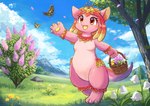 anthro breasts cloud dandelion detailed_background featureless_breasts featureless_crotch female flower flower_basket grass grassland holding_object kemono mountain nude open_mouth open_smile outside pawpads petals pink_body pink_eyes plant plant_hair pseudo_hair shrub smile solo tail thick_tail thick_thighs wide_hips yellow_mouth yellow_pawpads oborokarasu mythology lilac_(pyritie) arthropod butterfly dragon elemental_creature flora_fauna flower_creature insect lepidopteran mythological_creature mythological_scalie scalie 2024 digital_media_(artwork) hi_res