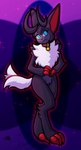 ambiguous_gender anthro black_horn chest_tuft claws collar front_view horn red_claws simple_background solo sparkles standing tail tail_motion tailwag tuft white_tail cyanekite cyanknight midnekite palworld pocketpair loupmoon pal_(species) 2024 absurd_res hi_res male_(lore)