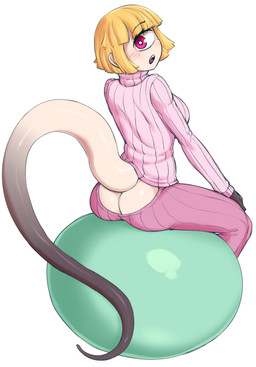 1_eye ball big_eyes big_tail blonde_hair blush butt butt_cleavage clothed clothing exercise_ball eyelashes female fully_clothed hair light_body light_skin long_tail looking_at_viewer looking_back multicolored_body multicolored_skin noseless not_furry on_ball open_mouth pale_skin pink_clothing pink_eyes pupils raised_tail rear_view sharp_teeth simple_background sitting_on_ball solo tail teeth two_tone_body two_tone_skin wardrobe_malfunction white_background white_pupils ittla annie_(anaid) cyclops humanoid tailclops_(race) tailclops_(species) hi_res