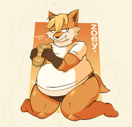 anthro black_clothing black_underwear blonde_hair blush bottomless bottomless_anthro bottomless_female cheek_tuft clothed clothing crumbs crumbs_on_face cute_fangs eating facial_tuft fangs female food fur glistening glistening_arms glistening_legs hair holding_food holding_object kneeling lidded_eyes looking_at_viewer markings multicolored_body onomatopoeia orange_body orange_fur overweight overweight_anthro overweight_female panties pointy_ears pose sandwich_(food) shirt short_hair simple_background solo sound_effects tail teeth text thick_thighs tight_clothing topwear tuft two_tone_body underwear white_clothing white_shirt white_topwear wide_hips geekydaves normalsville zoey_(normalsville) canid canine fox mammal red_fox true_fox 2026 hi_res pinup