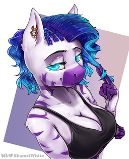 anthro bra braided_hair breasts cleavage clothed clothing ear_piercing female gold_(metal) gold_jewelry hair jewelry piercing smile solo sports_bra standing underwear shamziwhite kubwara_(kubwara) equid equine mammal zebra absurd_res hi_res portrait