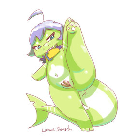2_penises animal_genitalia animal_penis anthro chibi genital_slit genitals green_body hair hemipenes light_body male multi_genitalia multi_penis penis purple_hair raised_leg shark_tail solo misterdonut aquatic fish shark