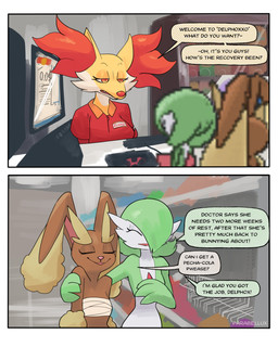 anthro arm_around_another bandage bandaged_chest big_ears breasts brown_body cheek_tuft chest_spike dialogue employee employee_uniform eyelashes eyes_closed facial_tuft fangs female floppy_ears glistening_eyelids green_body green_hair group hair inner_ear_fluff long_eyelashes machine pink_nose pseudo_hair red_body red_eyes red_nose smile spikes spikes_(anatomy) sprite_art tear_trough teeth text trio tuft vending_machine white_body yellow_body parabellux nintendo pokemon delphox gardevoir generation_3_pokemon generation_4_pokemon generation_6_pokemon humanoid lopunny pokemon_(species) 2025 4:5 absurd_res comic digital_drawing_(artwork) digital_media_(artwork) english_text hi_res