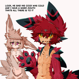 after_oral after_sex anthro black_pawpads bodily_fluids cum cum_in_mouth cum_inside cum_on_torso dialogue duo excuses fur genital_fluids looking_at_viewer male male/male navel no_homo pawpads purple_eyes red_body red_fur tan_body tan_fur text yellow_sclera gaogomon gaogomon_(oc) aquatic fish furred_shark shark 1:1 absurd_res english_text hi_res