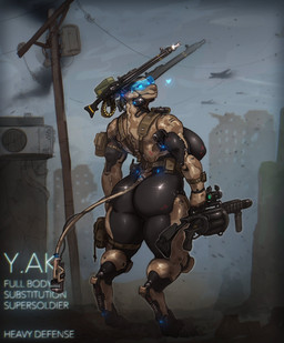 anthro big_breasts big_butt breasts butt curvy_figure cybernetics female glowing glowing_eyes grenade_launcher gun hooves huge_breasts machine machine_gun muscular muscular_anthro muscular_female nipple_outline ranged_weapon rear_view solo thick_thighs unguligrade voluptuous voluptuous_anthro voluptuous_female weapon wide_hips rube bovid bovine cyborg mammal robot hi_res