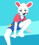 ambiguous_gender anthro clothed clothing fur narrowed_eyes overalls pixelated sitting smile solo suggestive white_body white_fur uglycoal bokube_(game) lagomorph leporid mammal rabbit aliasing binary_drawing digital_drawing_(artwork) digital_media_(artwork) hi_res shaded simple_shading