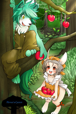 anthro apple apron apron_only climbing_tree clothed clothing duo female food forest fruit giving_food grass male plant tree setouchi_kurage canid canine canis lagomorph leporid mammal rabbit wolf