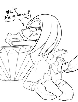 angry anus balls butt chaos_emerald clothing dialogue disembodied_penis dreadlocks duo footwear gem genitals gloves handwear legwear male male/male penis presenting presenting_hindquarters socks solo_focus spread_butt spreading text conditional_dnp ebonychimera sega sonic_the_hedgehog_(series) knuckles_the_echidna echidna mammal monotreme english_text hi_res monochrome
