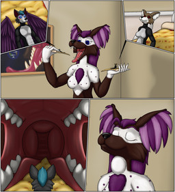 anthro female female_pred food male micro open_mouth pizza shrunk swallowing vore narrsvans canid canine canis fox mammal wolf comic hi_res