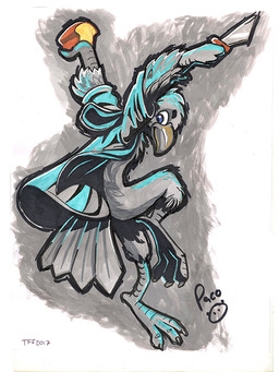 anthro blue_eyes clothed clothing feathers grey_body grey_feathers holding_bread holding_knife holding_object knife logo male male_anthro mouth_closed simple_background solo pandapaco avian 2017 artist_logo dated signature